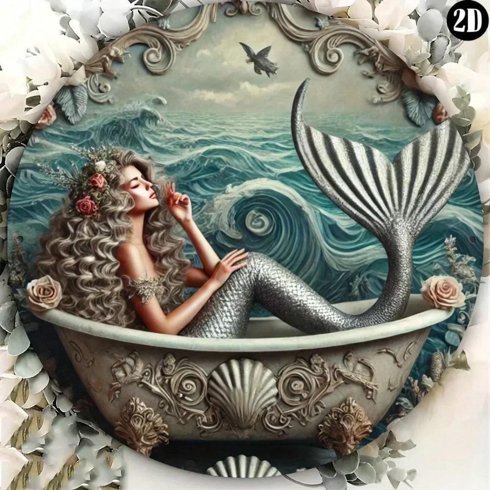 HELLOYOUNG Mermaid Metal Wall Art, Oceanic Round Decor for Home Indoor Outdoor