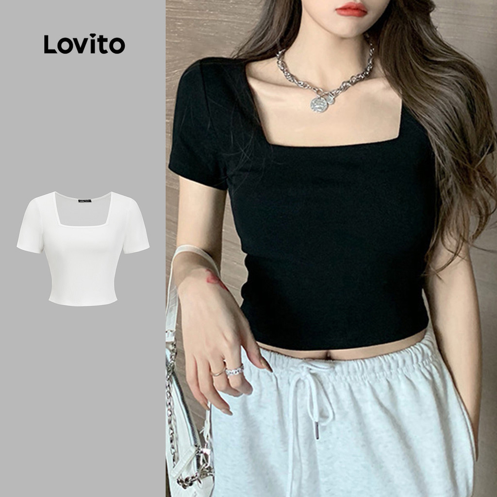 Lovito Casual TShirt Plain Basic Square Neck TShirt for Women Plus Size Friendly LNE11006 (Multicolor) Lovito Tshirt Kasual Kosong Asas Tshirt Leher Segiempat Untuk Wanita Mesra Saiz Besar LNE11006 (pelbagai Warna)