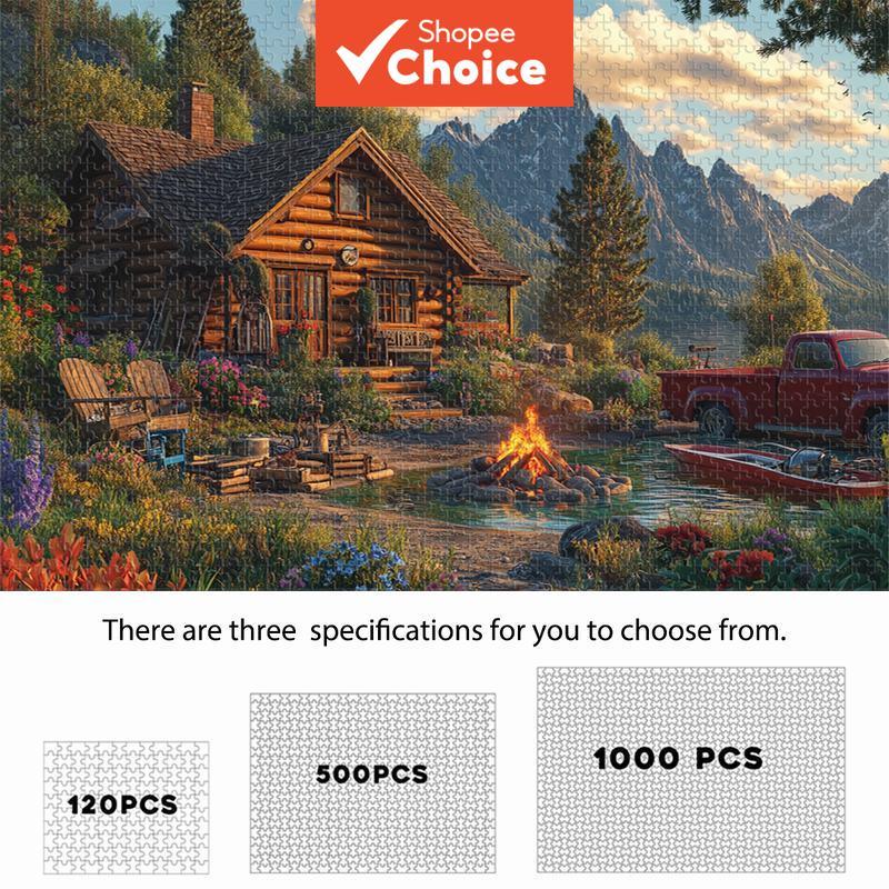 Mountain Retreat: Cabin Campfire & Lakeside Pickup Truck, 120/500/1000 pcs Puzzle - Festive Scene