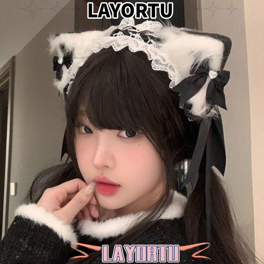 LAYORTU Cat Ears Headband, Bow Lace Head Wrap,  Lolita Cosplay Headwear Hair Accessories