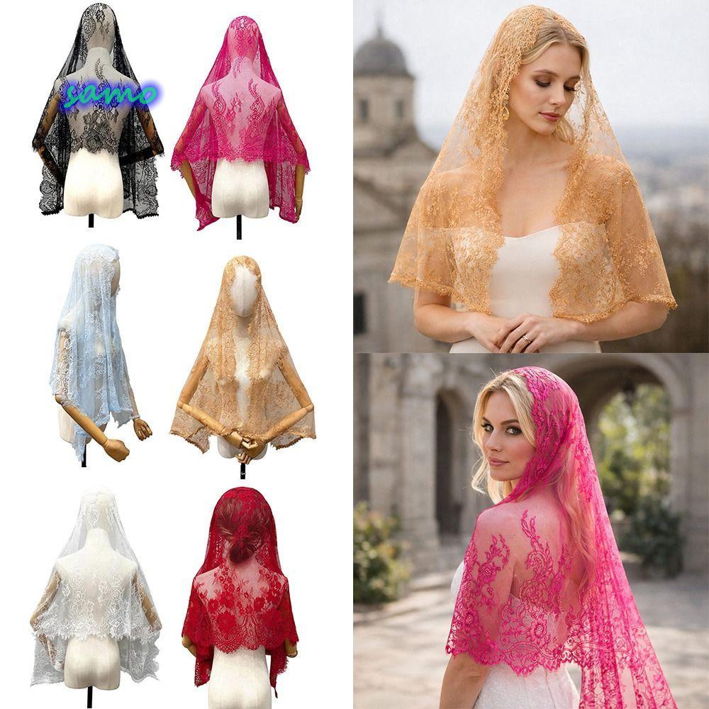 SAMO Bridal Headscarf, Vintage Breathable Women Shawl, Flower Lace Trim Mandira Veil