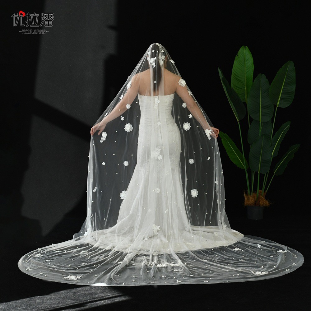 Embroidered Veil Master Pearl Pan Cross-Border Drag Flower Rhinestone Wedding Tail v120 Premium Bride Drag 3 Meters Changyou H2OU