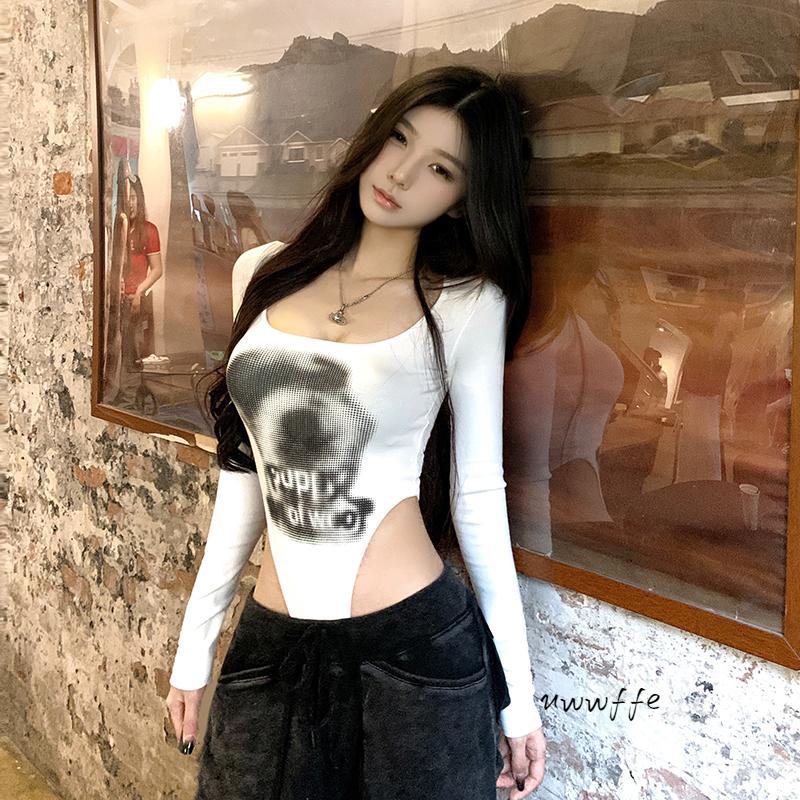 Women's Fall Slim-Fit Long Sleeve White Letter Print Jumpsuit