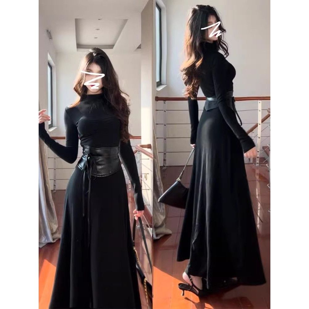 Hepburn Style Temperament Black Half-High Neck Long Sleeve Dress for Women - Autumn/Winter Collection with Narrow Waist Design