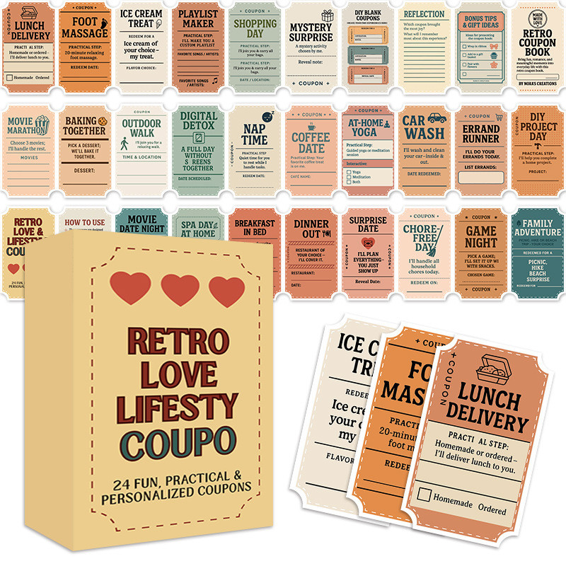 Retro Love Coupon Card Set 24pcs Romantic Voucher Book for Couples Valentine Anniversary Gift Idea