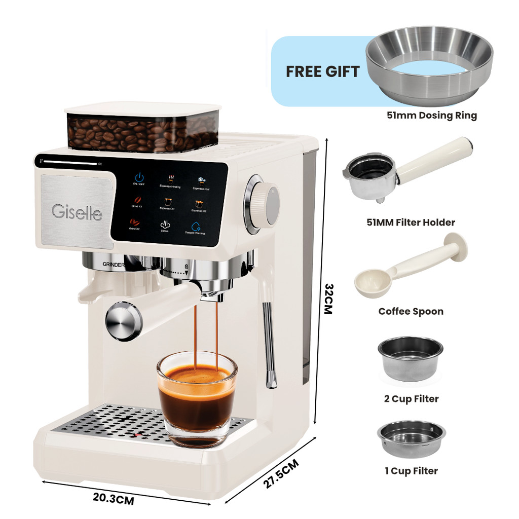 Giselle 51mm 20Bar Digital Touch Aromino Espresso Coffee Maker with Vertical Anti-Splash Grinder/Milk Frothing - KEA0391