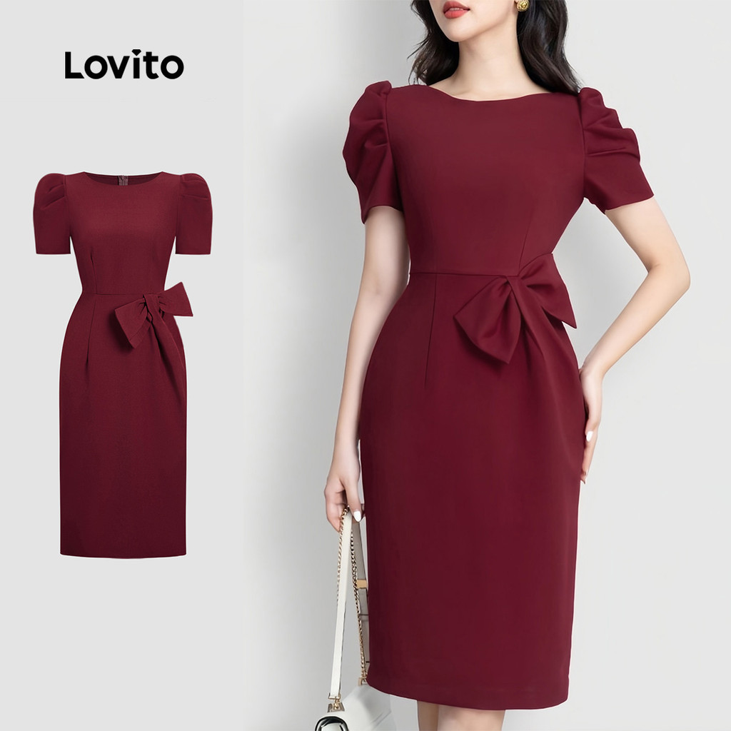 Lovito Elegant Dress New Year Bow Spring/summer Claret Dress for Women L158AD147 Lovito Pakaian Elegan Tahun Baru Bow Musim Bunga/musim Panas Pakaian Klaret Untuk Wanita L158AD147