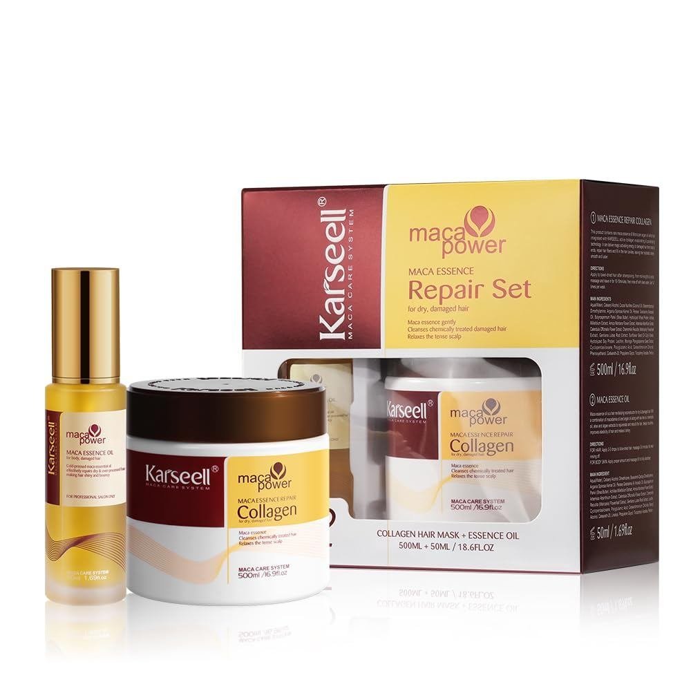Perapi Pembaikan Dalam Rambut Karseell Collagen, Set Minyak Argan Topeng Rambut untuk Rambut Rosak Kering Semua Jenis Rambut 16.9floz + 1.69floz