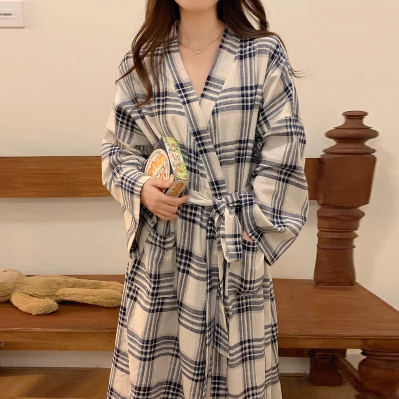 Japanese Nightgown Girl Long-Sleeved Simple Bathrobe Long Loose Kimono Homewear