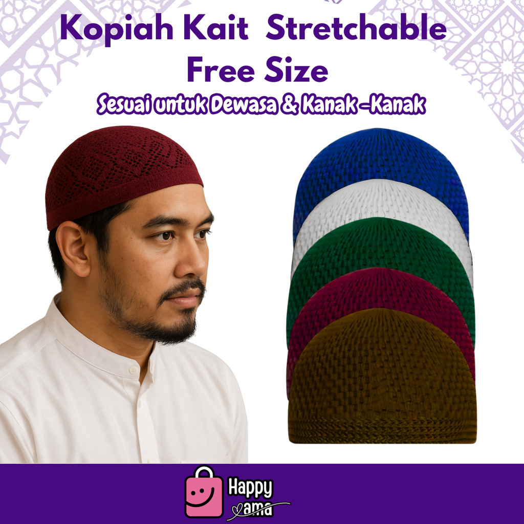 Kopiah Kait Stretchable Free Saiz untuk Dewasa dan Kanak-Kanak Pelbagai Warna Peci Rajut Kupiah Budak Lelaki Umrah Haji