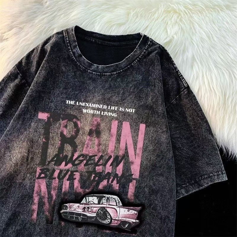 ✨24Hour shipping✨ Maise COD Bleached T-shirt cartoon character print oversized 100% pure cotton vintage bleached T-shirt