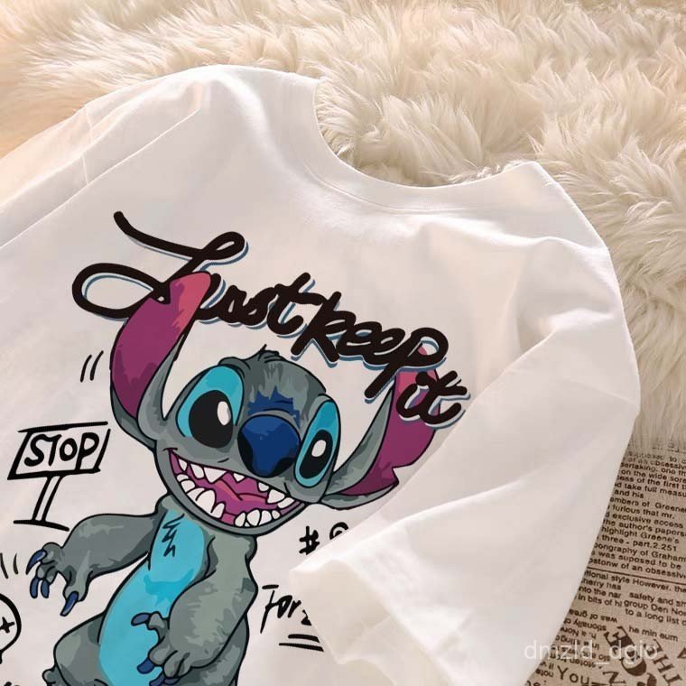 T-shirt wanita putih bercorak jahitan retro comel gaya Korea leher bulat