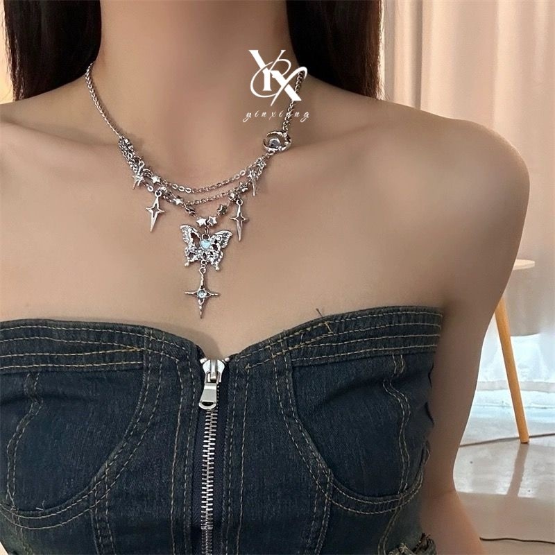 YX Gothic Diamond Butterfly Moon Star Tassel Necklace Y2K Aesthetic Layered Jewelry for Women Dainty Celestial Chain Trendy Gift for Her