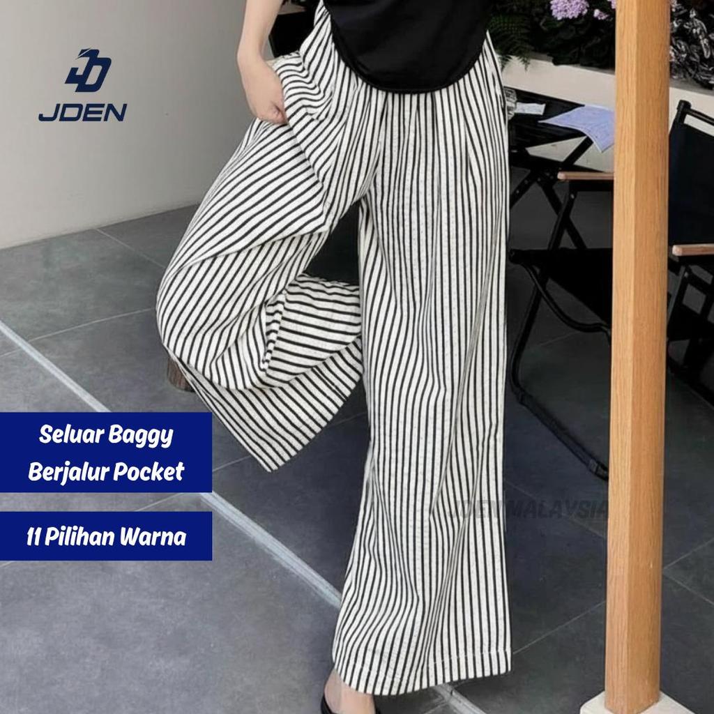 JDEN Seluar Baggy Berjalur - Wide Leg Stripe Pant Viral - Seluar Belang Perempuan Pocket Bertali Pinggang Bergetah
