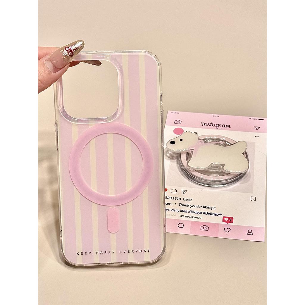Foundation Yellow Stripes Pink Bow White Dog Magnetic Bracket Suitable for Apple 16promax Phone Case iphone15 New Style 14pro Female Style 13