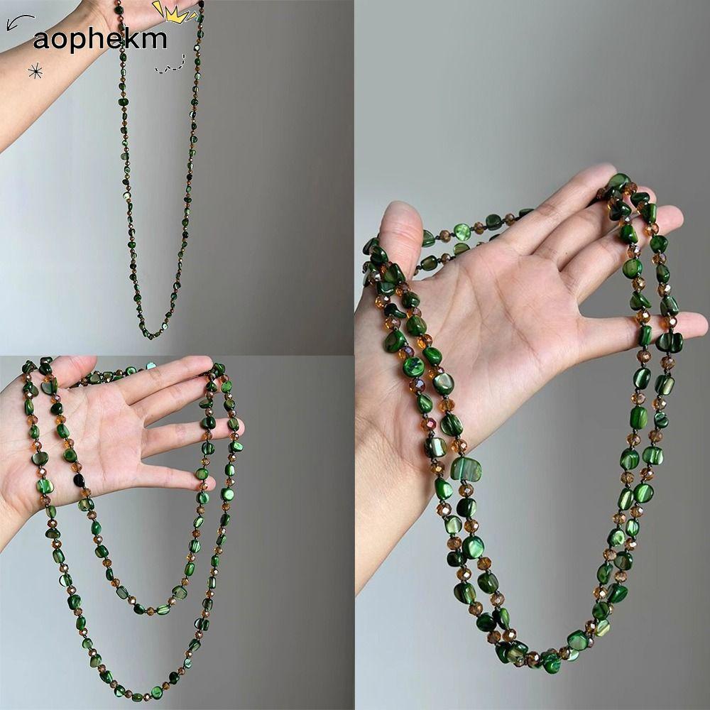 AOPHEKM Antique Necklace, Shell Beaded Vintage Long Necklace, Fashion Colorful and Green Bohemian Stackable Double Layers Necklace Women Girls