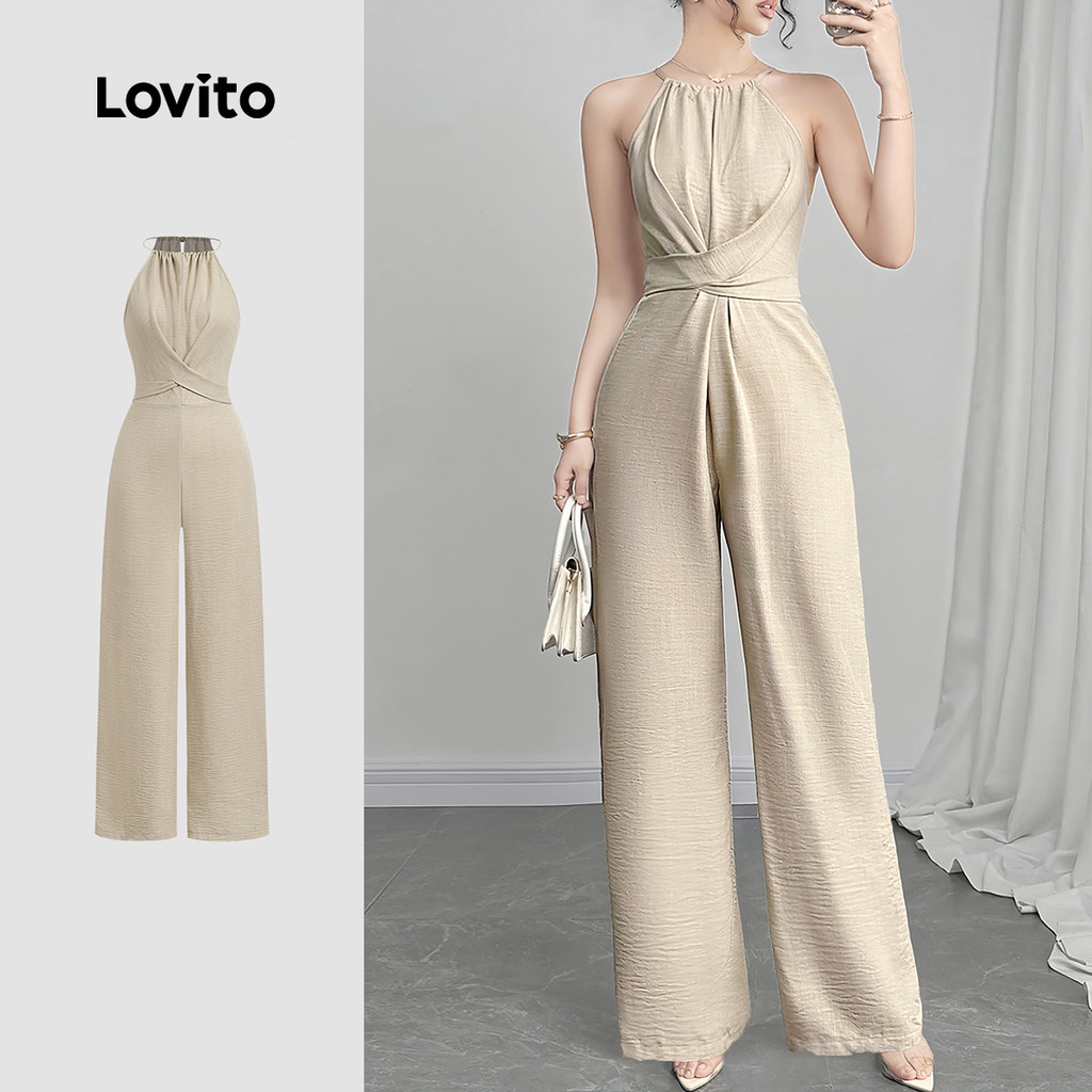 Lovito Elegant Jumpsuit Tie Back Zipper Spring/summer Khaki Jumpsuit for Women LBL27380 Lovito Elegant Jumpsuit Tali Belakang P Zip Musim Bunga/panas Khaki LBL27380