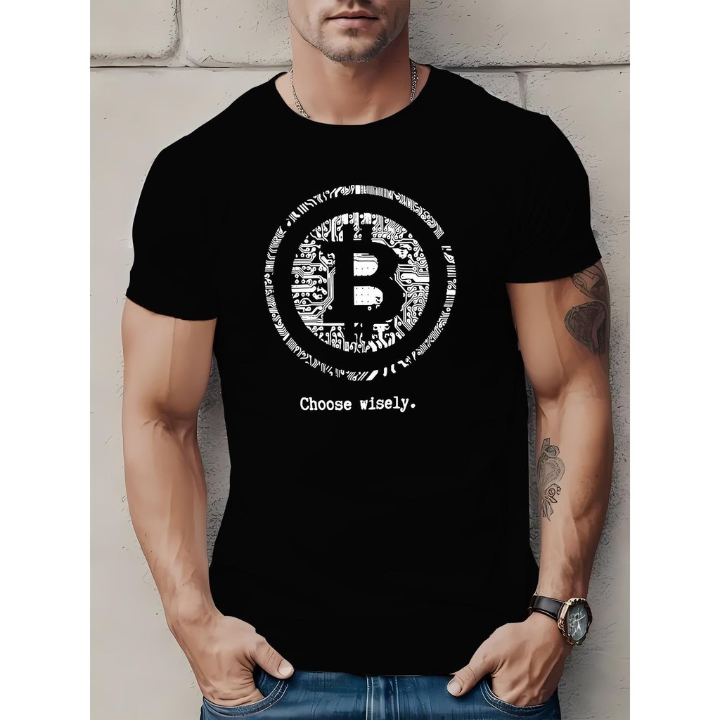 Simbol Bitcoin dan T-Shirt Mata Wang Kripto ₵ - Cetakan Logo ₵ Hitam/Putih, T-Shirt Leher Kru