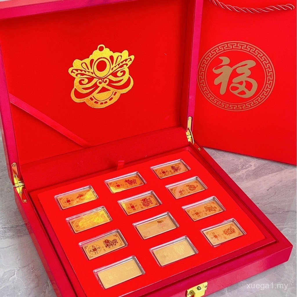 2024 Tahun Naga Emas Tulen 999 Zodiac Gold Bar 0.1g Gold Bar Kotak Kayu Set Hadiah Hadiah Perniagaan