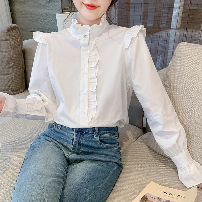 SARICHIC French White Shirt for Women with Ruffled Stand Collar, Flared Sleeve Design, Vintage Long Sleeve Blouse-99227
