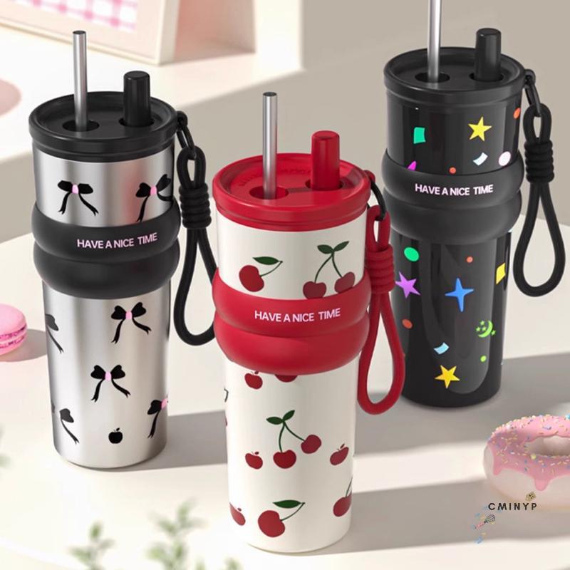 CMinYP 710ML Stainless Steel Cup Bow Cherry Flower Print Insulation Or Cooling High-capacity Cup With Lifting Rope Insulated Cup
