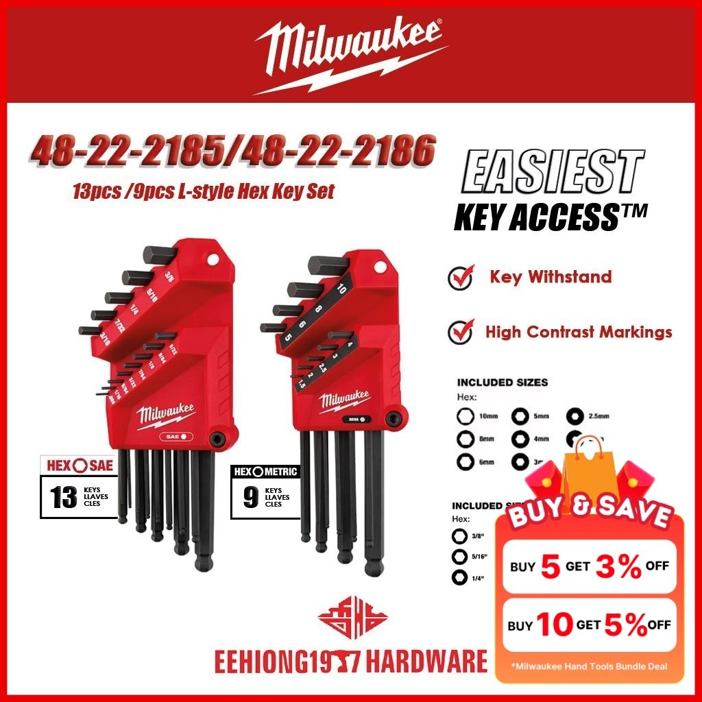MILWAUKEE 48-22-2185 48-22-2186 13pcs 9pcs Key Ball End L-style Hex Key Set HEX SAE HEX METRIC 48222185 48222186