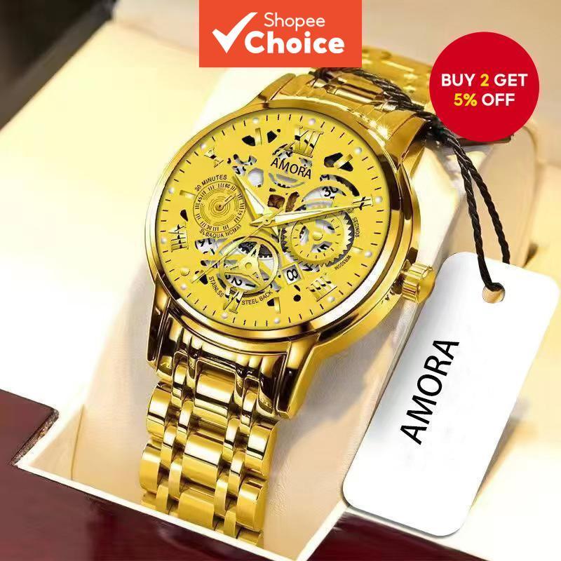 Men's Skeleton Watch, Quartz Movement, Luminous Calendar, Business Style, Black Gold-Tone