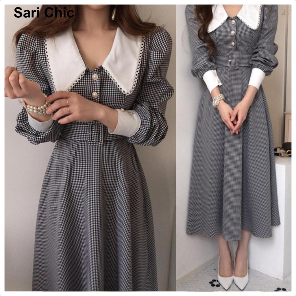 SARICHIC Long-sleeved plaid maxi dress with lace collar and belt Plus-size floor-length dress - 99216