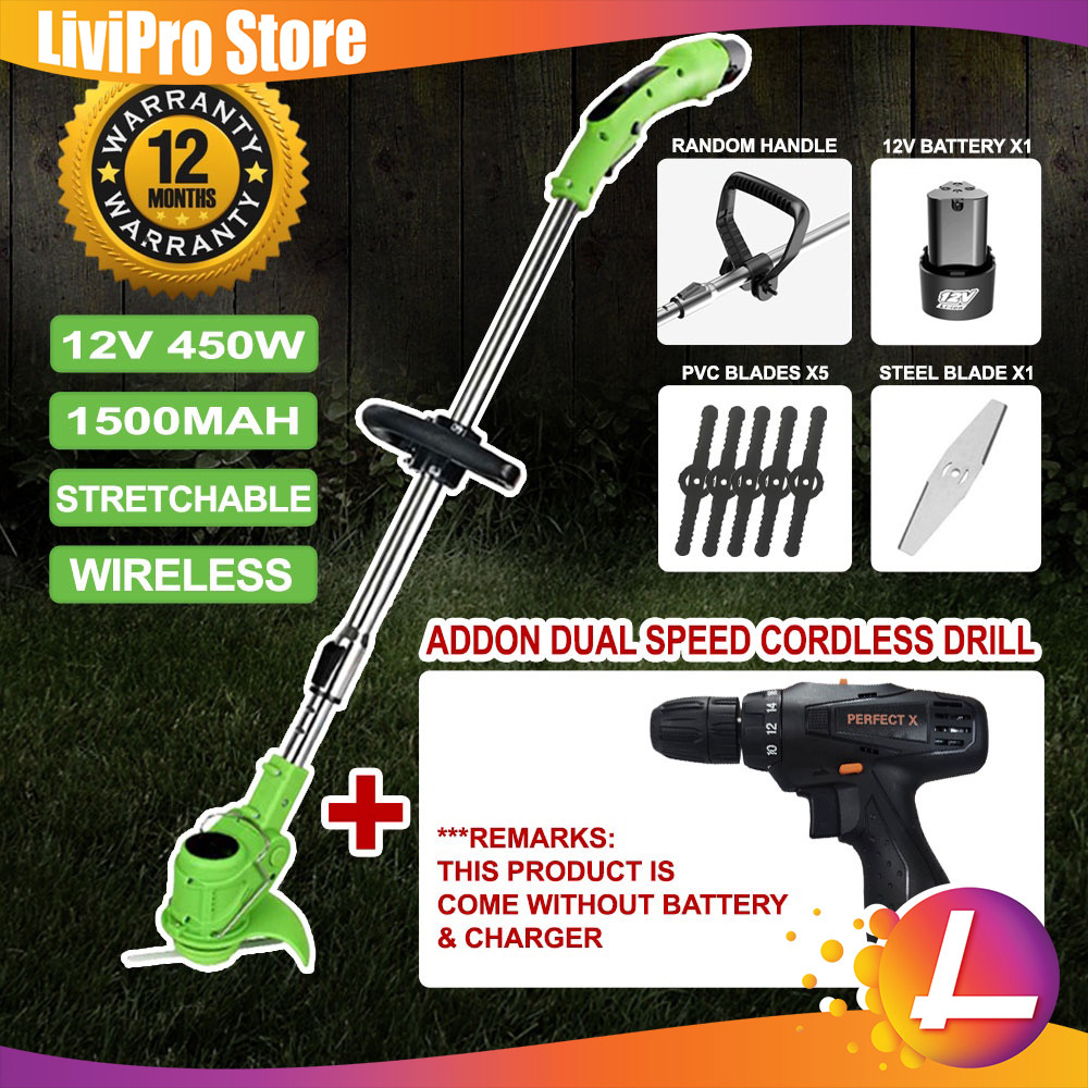 12V Cordless Lawn Mower Electric Grass Cutter Multi Function Portable Drill Set Mesin Potong Rumput Taman Rumah