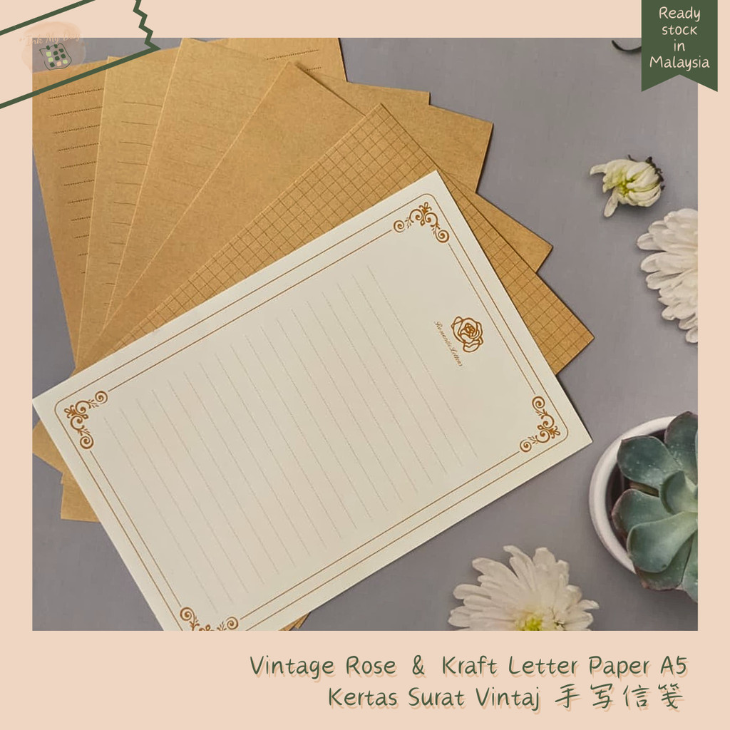 Vintage Rose & Kraft A5 Letter Paper Kertas Surat Vintaj 手写信笺 复古玫瑰牛皮信纸 Stationery Gift Writing Paper