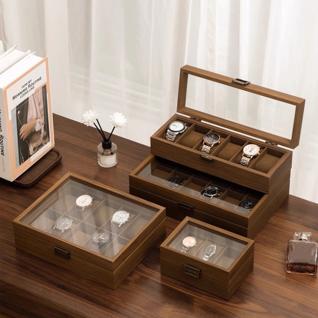 High-end Walnut Wood Watch Display Case Multiple Slots Elegant Design Soft Pillows