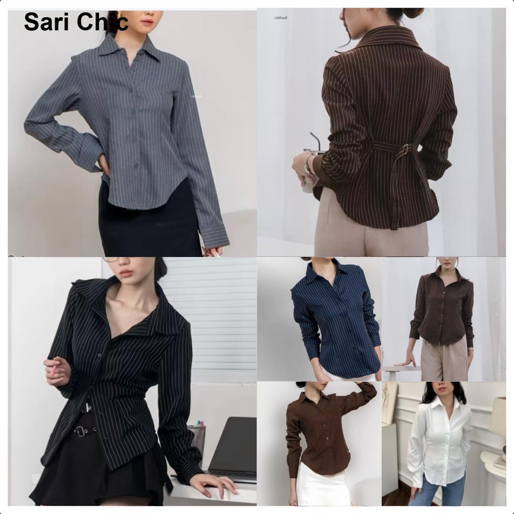 SARICHIC 2XL Elegant Women's Striped Long-Sleeved Cotton Shirt - Lapel Collar Button Down Elastic Waist Slim Fit -99249