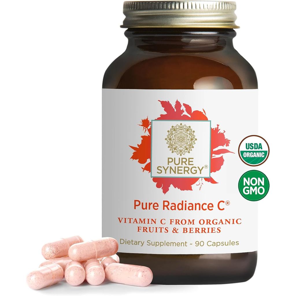 PURE SYNERGY Pure Radiance C – Organic Vitamin C Capsules | 100% Whole Food Supplement, Non-GMO, Camu Camu Extract with Natural Immune & Collagen Support – 90 Capsules