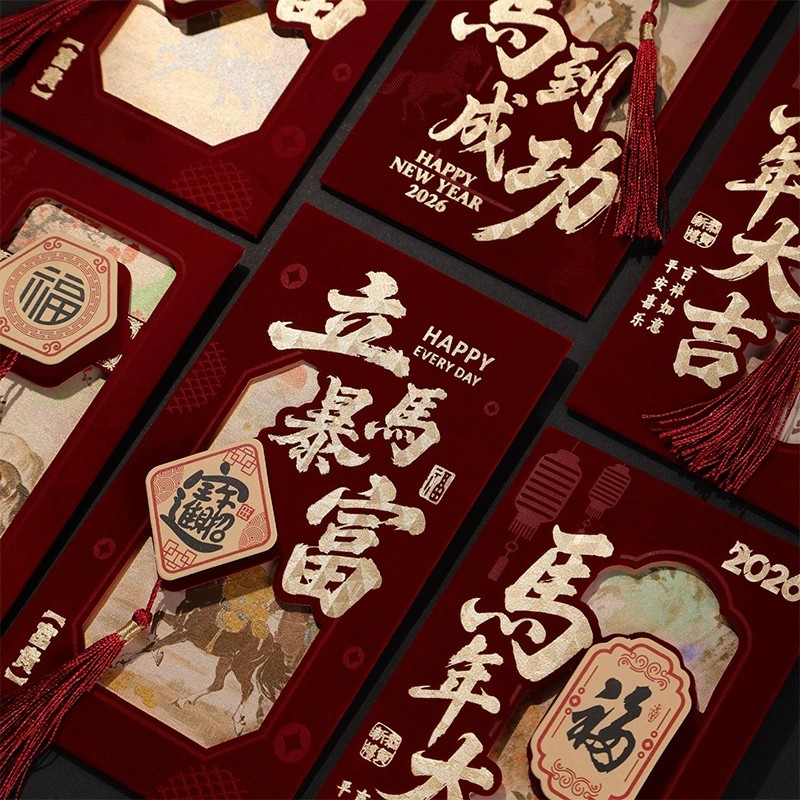 New Year 2026 Red Envelopes Party Favors Gifts Retro Flocking Red Envelopes Money Pocket Wedding Party Gifts Blessing Envelopes 新年 红包 利是封