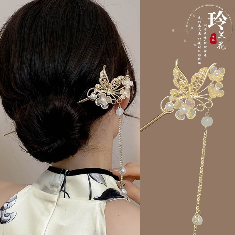 Pearl Tassel Flower Hair Stick for Woman Fashion Beautiful Metal Hairpin Hair Clip Hair Accessories 时尚珍珠流苏花朵发簪