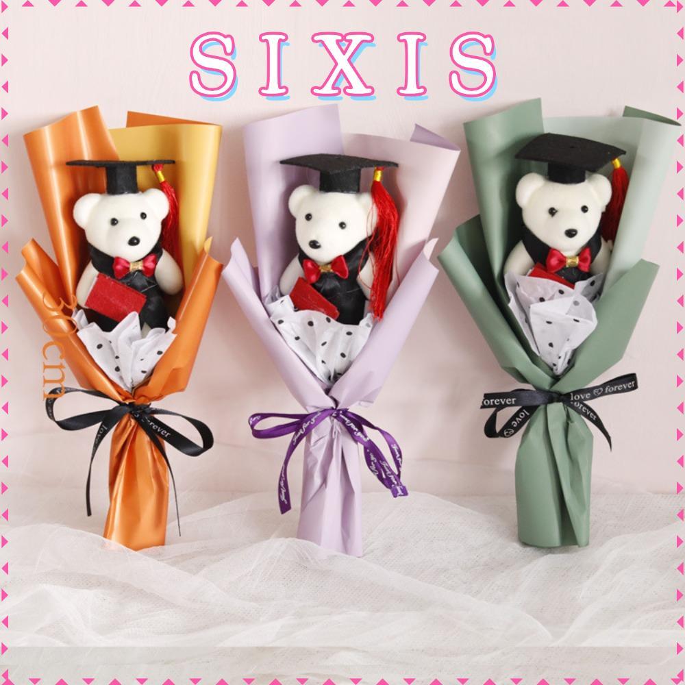 SIXIS Graduation Bear Bouquet Finished Hand Woven Bouquet Cute Dr. Bear Decor Flower Student Graduation Gift