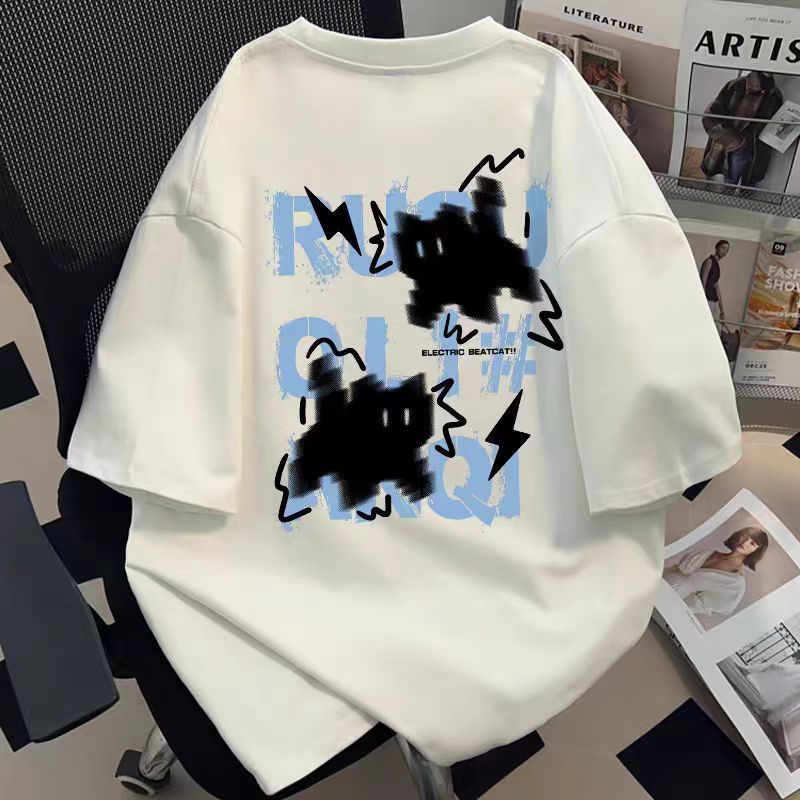 100% Cotton Kaos Lengan Pendek Trendy Lightning Cat, Hits Musim Panas 2025 Oversize Casual Breathable UnisexS-5XL