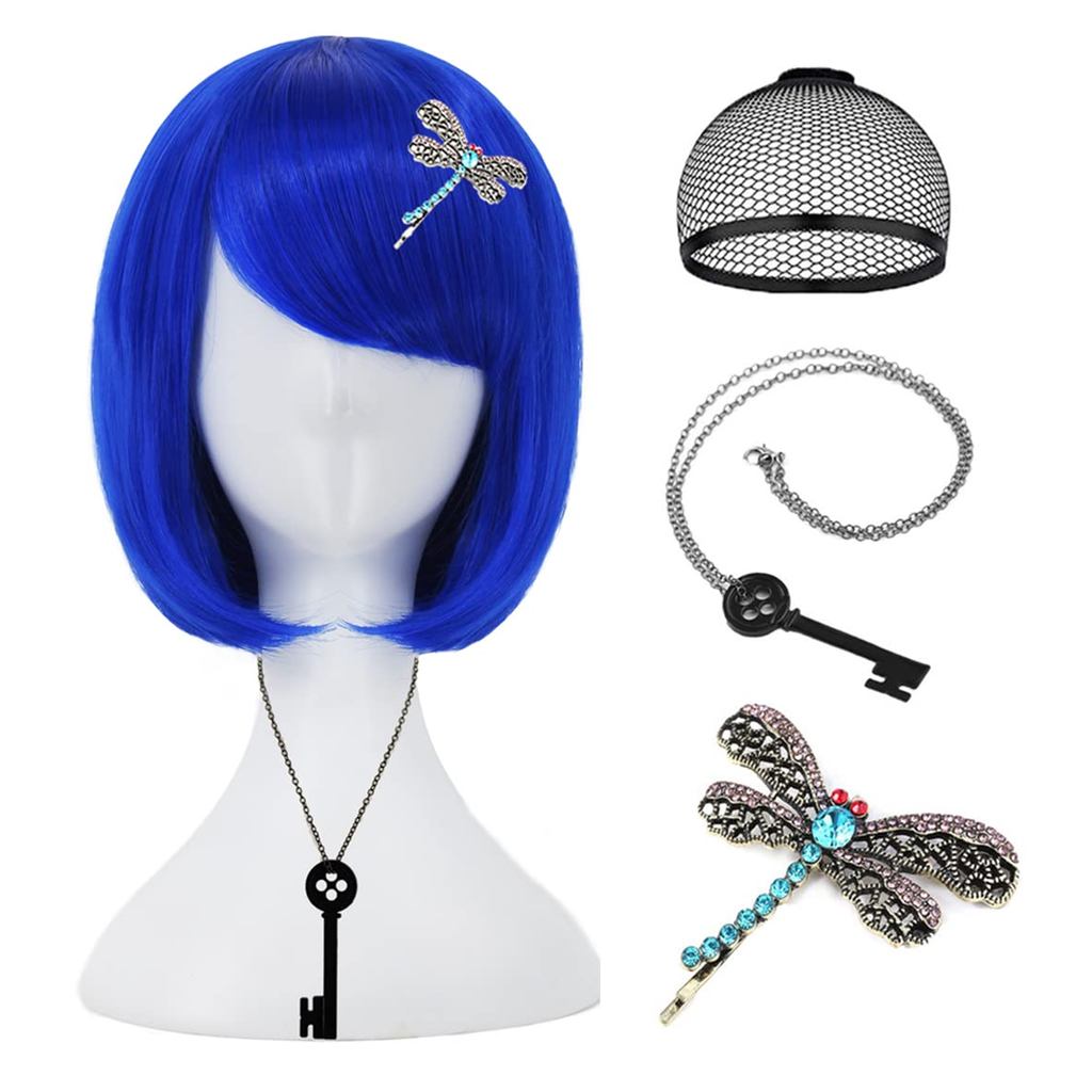 Rambut Palsu Pendek Bob Biru Coraline dengan Kalung dan Penyepit Rambut untuk Kostum Coraline Wanita Gadis Rambut Palsu Lembut Comel dengan Penutup Rambut Palsu JZ033BL