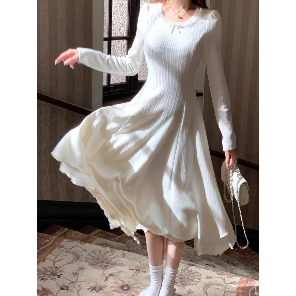 Early Autumn White French Style Long-Sleeved Dress for Women