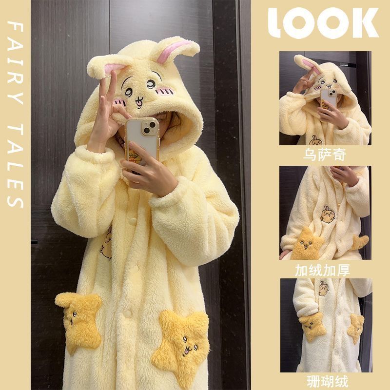2026 New Uzaqi Autumn Winter Home Nightgown Thickened Fleece Cute Coral Fleece Can Wear Outer Pajamas Women Robe#nan11.22