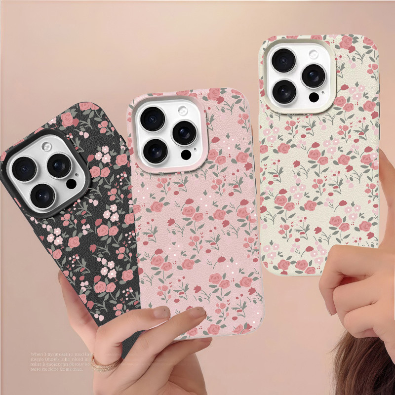 Pink Rose Flower Phone Casing For IPhone 14 13 15 16 17 Pro Max 17 Air 16E Case Leather Texture Silicone Japan Retro High-Level Vintage Shockproof Luxury 3D Artistic