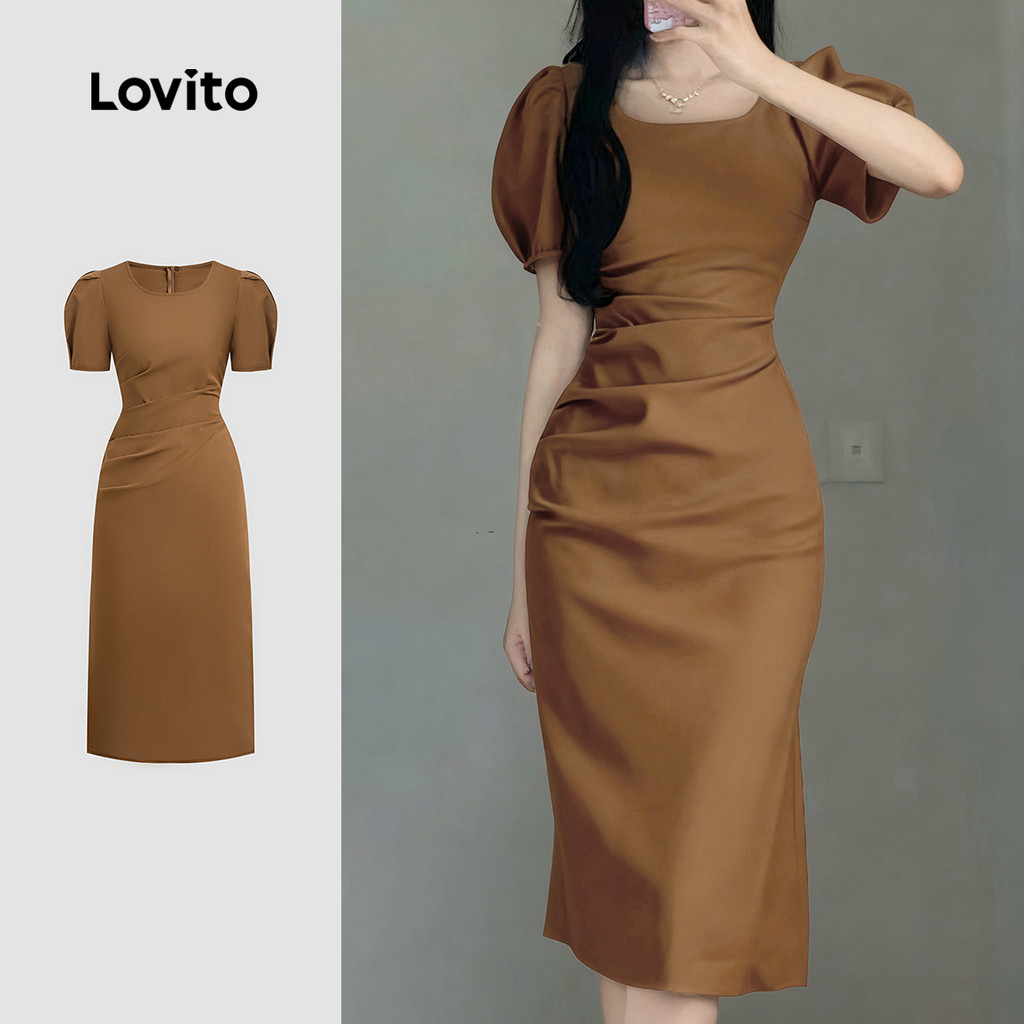 Lovito Elegant Dress Pleated Spring/summer Brown Dress for Women L155ED138 Lovito Gaun Lipit Elegan Musim Bembang Musim Bawar Coklat untuk Wanita L155ED138