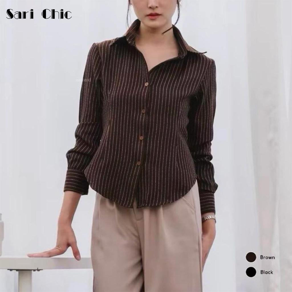 SARICHIC Retro Striped Long-Sleeve Shirt for Women, Single-Breasted Collar Top, Slim Fit, OL Style - 99249