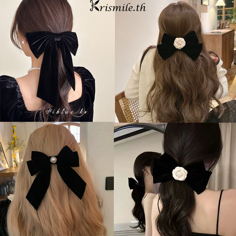 COD- Big Bow Hair Clip Pearl Flower Pattern Black Velvet Retro French Luxury Fashion Korean Style Accessories