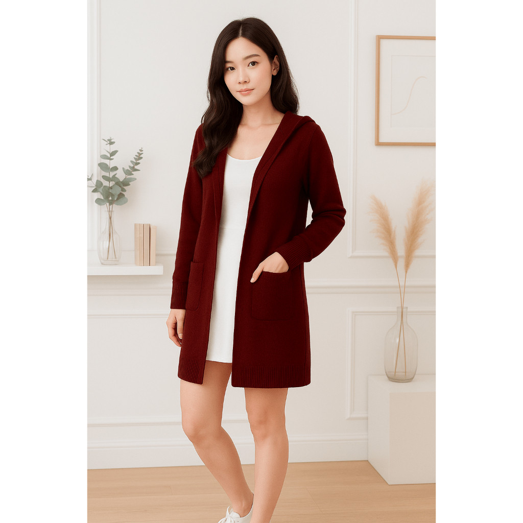 Instyle Fashion - Women's Open Front Mid-High Pocket Knit Hoodie Cardigan Right Long SleeveKiri 4404