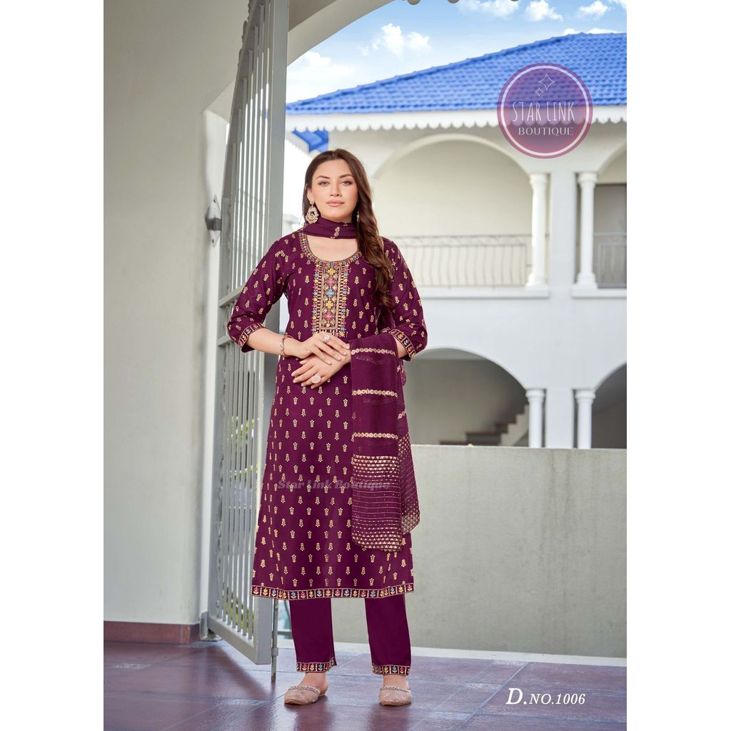 Rayon Plus Size Daily Wear Embroidery Work Kurti With Pants & Dupatta