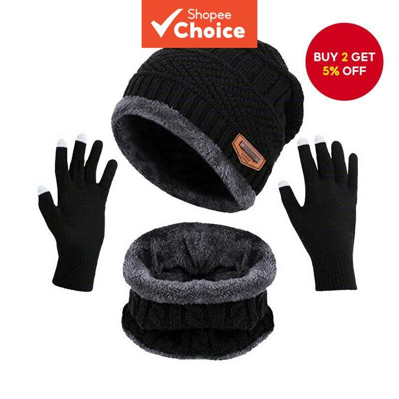 Winter warm woolen hat Three-piece Set Unisex Thermal Winter Set - Beanie Scarf & Touchscreen Gloves for Outdoor/Skiing/Sports