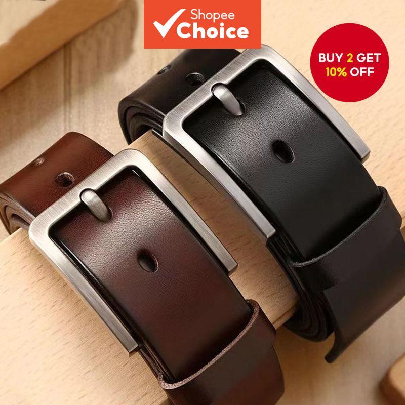 Vintage Men's Durable Leather Belt with Minimalist Pin Buckle for Business Casual, Available in Extended Sizes.