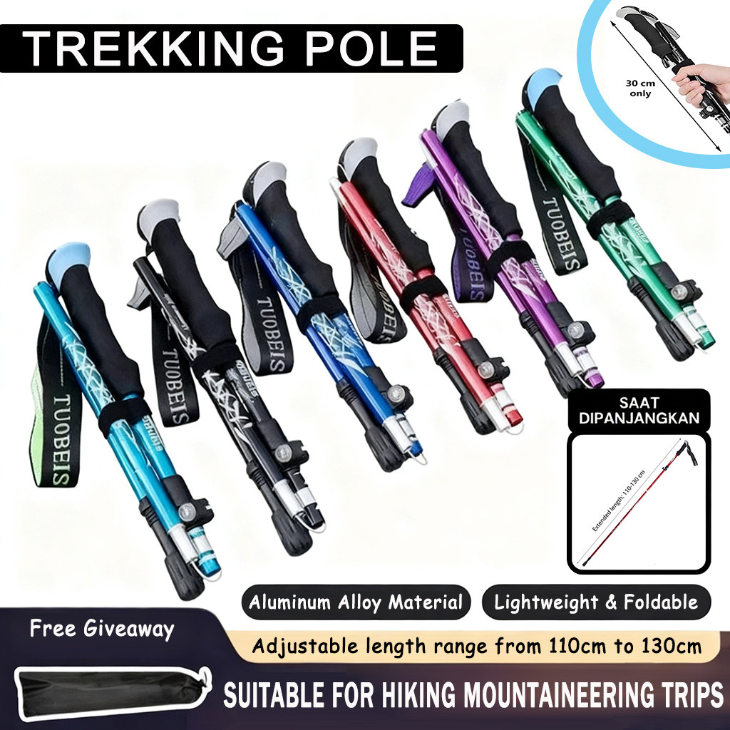 Foldable Hiking Pole Height Adjustable Aluminium Trekking Climbing Leg Support Cane Walking Stick Tongkat Hike