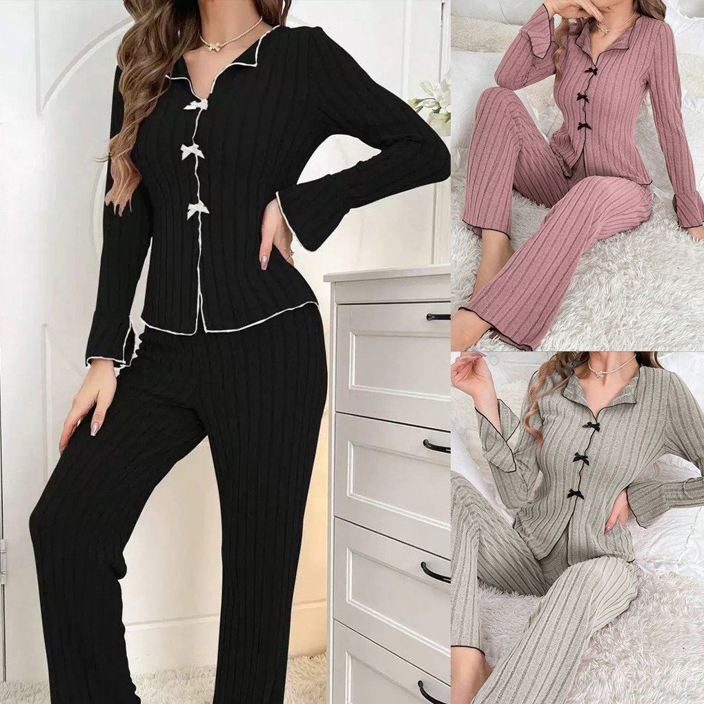 Missy Pyjamas Baju Tidur Wanita Piyama Seluar Panjang Pajamas Set Long Sleeve Sleepwear Homewear Hitam Plain PJ048